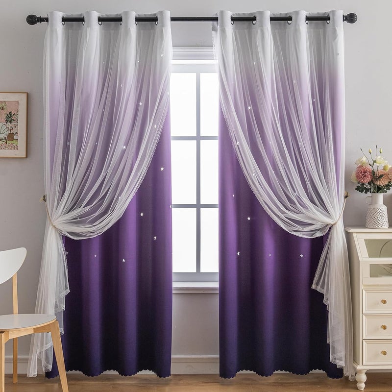 indistar Colourful Stripe Star Cut-Out Blackout Curtains for Bedroom,2 Layers Mix Design of Fabric & Tulle,Pretty Window Curtain for Kids Room 1 Panel (W52 x L63 Dark Purple) - Image 1